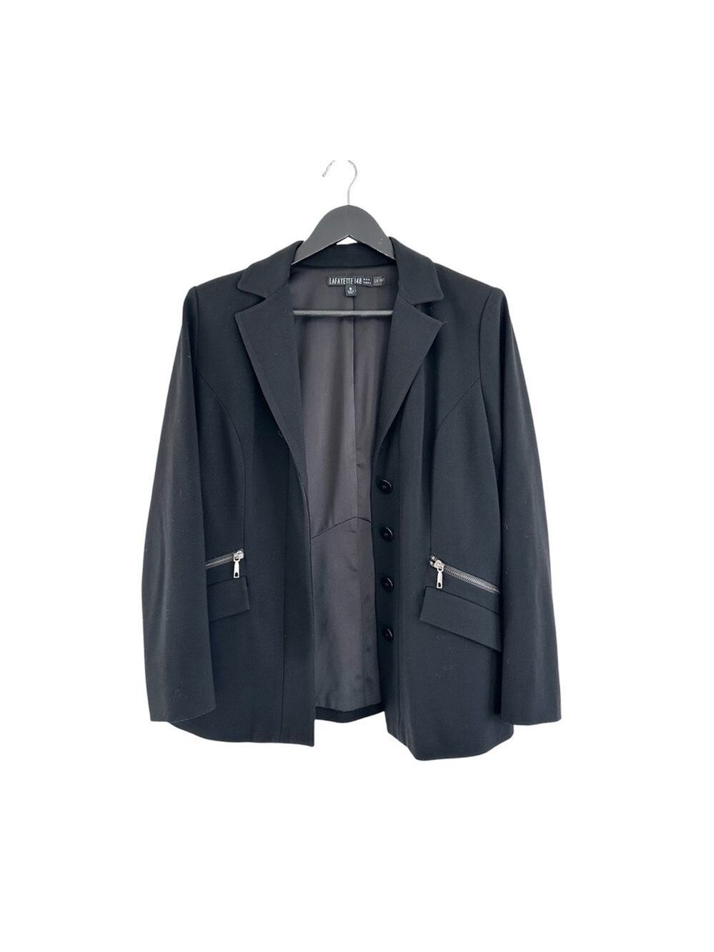 Lafayette 148 New York Blazer Jacket Size 10 Black Shoulder Pads Career Office